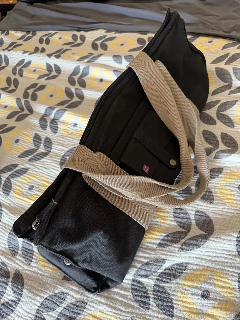 Black Canvas Yoga/Weekender Tote with Taupe Straps